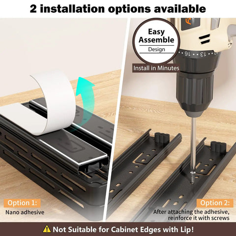 Installation options for Pull Out Spice Rack Organizer For Cabinets, 3 Pack Slide Out Pantry Shelves with adhesive or screws.