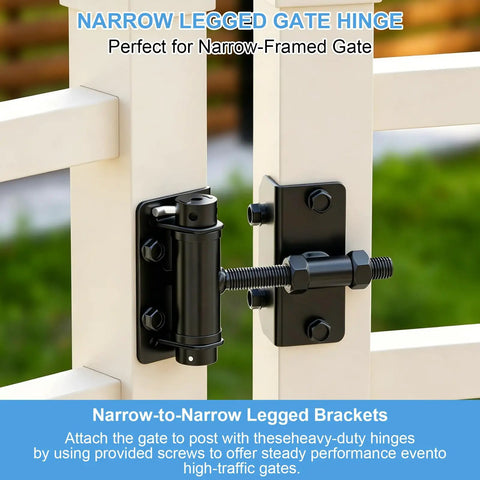 Close-up of Built Tough Self Closing Gate Hinges on wood fence, black finish, narrow angle installation for tight frames.