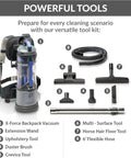 Powerhouse Lightweight Bagless Backpack Vacuum With Killer Suction and versatile tool kit for efficient cleaning.