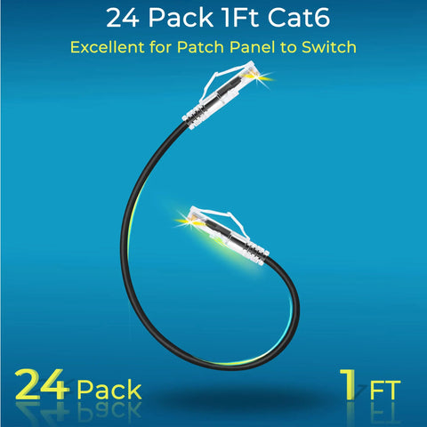 Cat6A Patch Cables 1Ft Shorty 24 Pack Slim Snagless Ethernet Patch Cables For Patch Panel To Switch, 10G Ready, Flexible Black