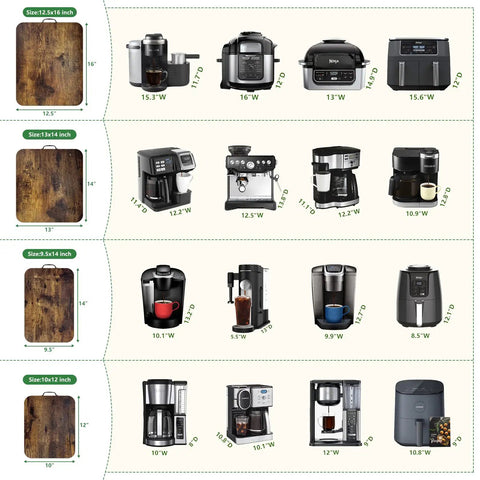 Slick Rolling Appliance Tray For Quiet Coffee Maker Sliding With No Sweat Countertop Moving Rustic Finish Smooth Operator Kitchen Upgrade For Everyday Home Bar Setup featuring assorted appliances on trays.