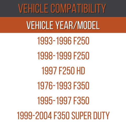 Vehicle compatibility list for Ford trucks, including 1999-2004 F350 Super Duty, related to 1 Ton Nut Conversion Kit.
