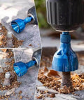 Titanium-coated high-speed steel countersink chamfer tool; blue drill bit shown in front, side, and installed-on-drill views.