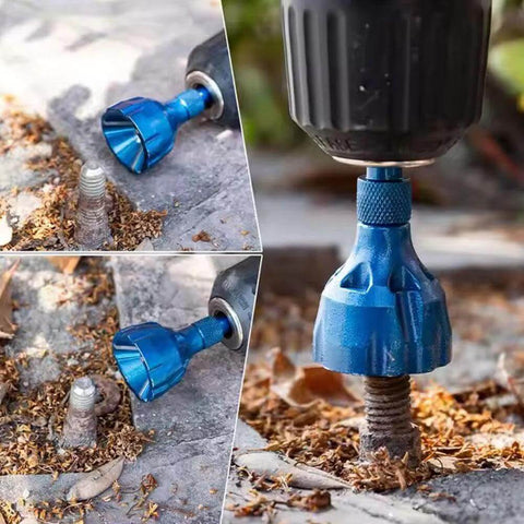 Titanium-coated high-speed steel countersink chamfer tool; blue drill bit shown in front, side, and installed-on-drill views.