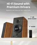 R2000DB Powered Bluetooth Bookshelf Speakers With Optical Input And 120 Watts RMS shown with tweeter and woofer details