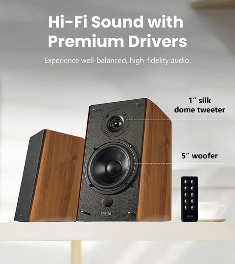 R2000DB Powered Bluetooth Bookshelf Speakers With Optical Input And 120 Watts RMS shown with tweeter and woofer details