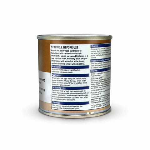 Fast Drying Pre Stain Wood Conditioner 8 5 Ounce can displays usage instructions for sealing pores in wood.