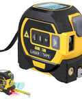 3-in-1 Laser Tape Measure with Cross Line Level,40m/131ft Laser Distance Meter,5m Auto-Lock Tape Measure,Digital Measuring Tool for Area/Volume/Pythagorean,ft/in/m Unit Switch–Yellow close-up with buttons