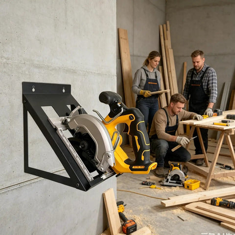 Heavy Duty Circular Saw Storage Hanger For Garage And Workshop Space Saving Power Tool Organizer Mount in use with saw