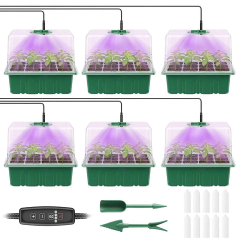 Six Pack Seed Starter Kit With 72 Cell Trays, Adjustable Full Spectrum LED Grow Lights, 3.9 Inch Humidity Domes