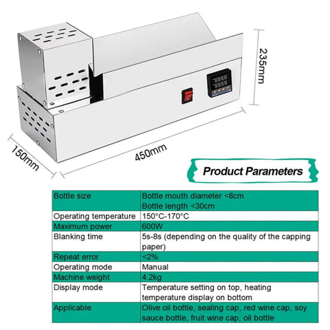 Premium Stainless Steel Electric Heat Shrink Wrapping Machine For Wine And Olive Oil Bottles showing product dimensions and settings.