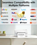 No Sweat Portable Bluetooth Thermal Shipping Label Printer For Hustling Merchants Fast Wireless 4x6 Address Label Maker Compatible With Iphone Android Windows Mac Etsy Shopify Usps White on a desk, showcasing multiple platform logos.