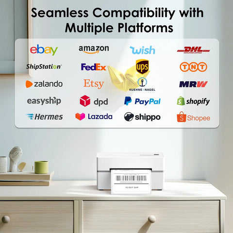 No Sweat Portable Bluetooth Thermal Shipping Label Printer For Hustling Merchants Fast Wireless 4x6 Address Label Maker Compatible With Iphone Android Windows Mac Etsy Shopify Usps White on a desk, showcasing multiple platform logos.