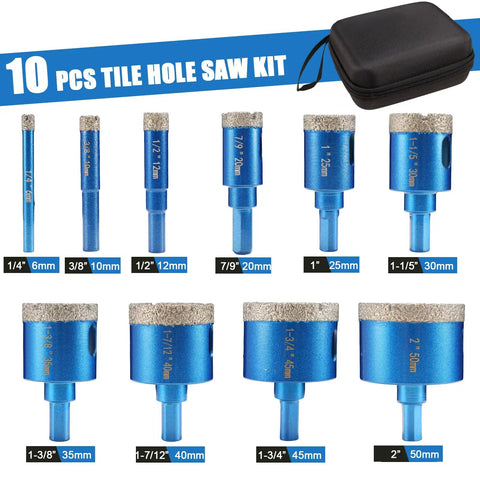 Badass Premium Ten Piece Diamond Tile Hole Saw Kit With 1/4 To 2 Inch Vacuum Brazed Drill Bits, various sizes included.