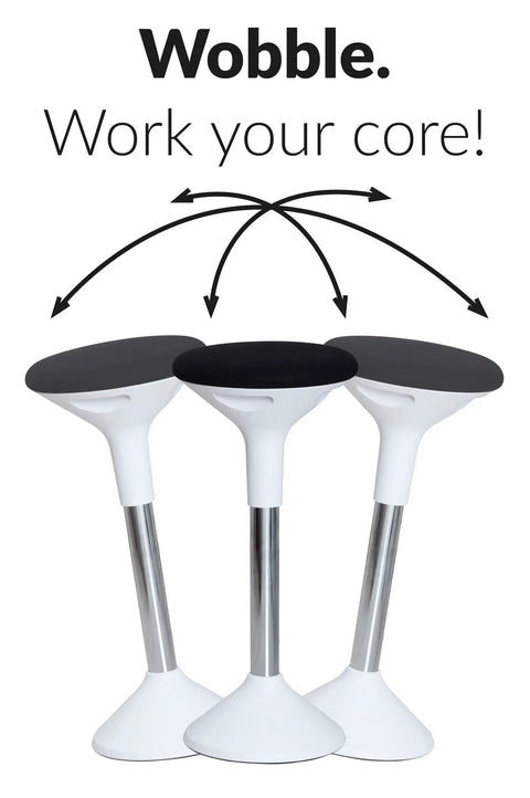 Three white ergonomic height adjustable balance stools for work and home office, promoting core engagement and dynamic seating.