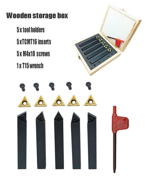 LAHDYFHOE 5pc turning tool holder set, 1/2in shank with TCMT inserts, in wooden storage box