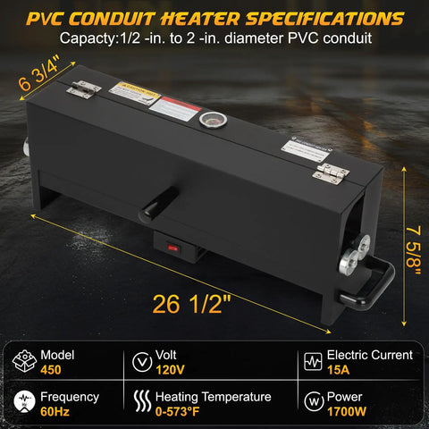Heavy Duty Electric Pvc Conduit Heater With Temp Control And Safety Shutoff For 1/2 To 2 Inch Pipes Fast 1700W Heating Bender specifications display.