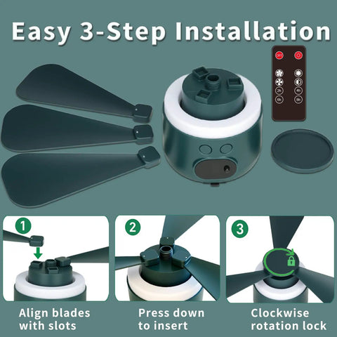 Easy 3-step installation for 11 Inch Wireless Portable Camping Fan With Light And Remote 10040mAh Battery USB Rechargeable