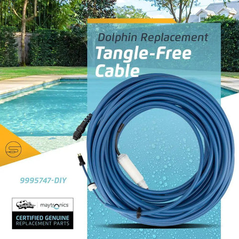 Genuine Replacement 98 Ft Blue 3-Wire Communication Cable With Swivel For Tangle-Free Operation Heavy-Duty Pro-Grade Remote Bluetooth Models Compatible With Wave 100 ProX2 3001 Enduro Maytronics Part 9995747-DIY coiled beside a pool.