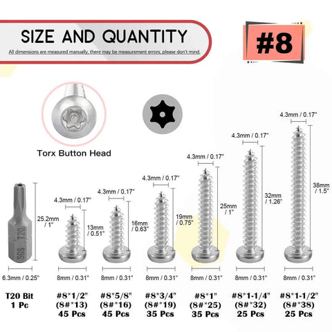 210 Pcs No 8 Stainless Steel Button Head Torx Sheet Metal Screws Security Anti Theft Tamper Proof Assortment Kit With T20 Driver Bit size chart