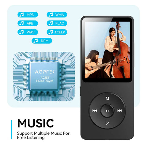 Bluetooth 5.3 MP3 Player With Built In Speaker 1.8 Inch Screen FM Radio Voice Recorder 32GB Internal Storage music formats display
