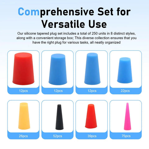 High Grade Silicone Rubber Tapered Plugs Assortment Kit 250 Pcs Heat Resistant Stoppers, 8 sizes in storage box