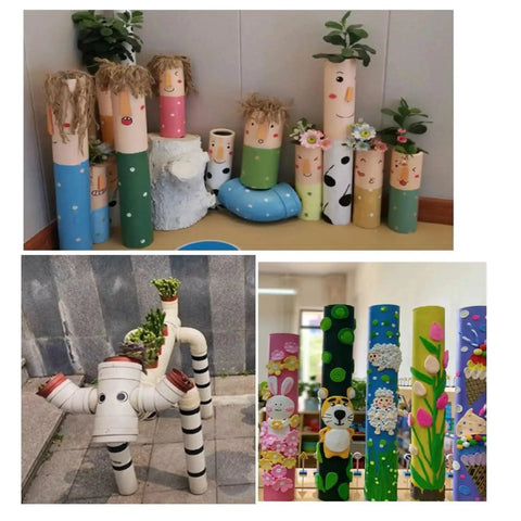 Decorative display of painted four heavy duty white schedule 40 PVC pipes 1.5 inch diameter by 17 inch length used as planters.