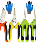Five Pack Pruning Shears Garden Clippers With Gloves Stainless Steel Handheld Snips For Bonsai Plants Flowers Hydroponics Herbs And Light Branches Three Blade Options Ideal Gift For Gardening Enthusiasts, showing three types of shears and gloves