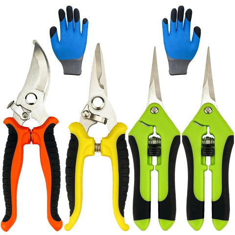 Five Pack Pruning Shears Garden Clippers With Gloves Stainless Steel Handheld Snips For Bonsai Plants Flowers Hydroponics Herbs And Light Branches Three Blade Options Ideal Gift For Gardening Enthusiasts, showing three types of shears and gloves
