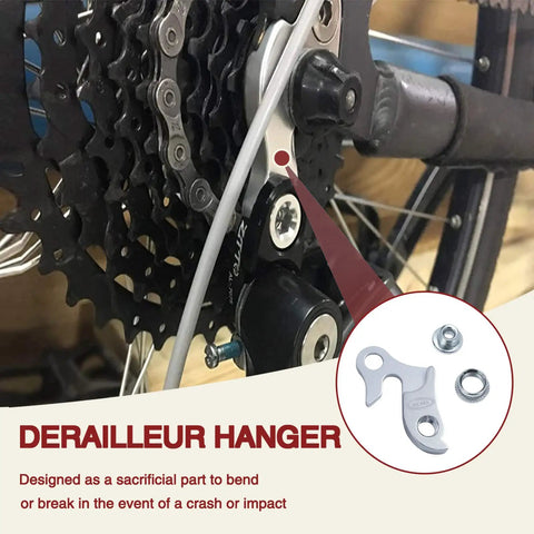 Close-up of a bicycle derailleur with 2 Pack Universal Bicycle Derailleur Hanger Replacement Tail Hook Silver Tone Emergency Spare Part