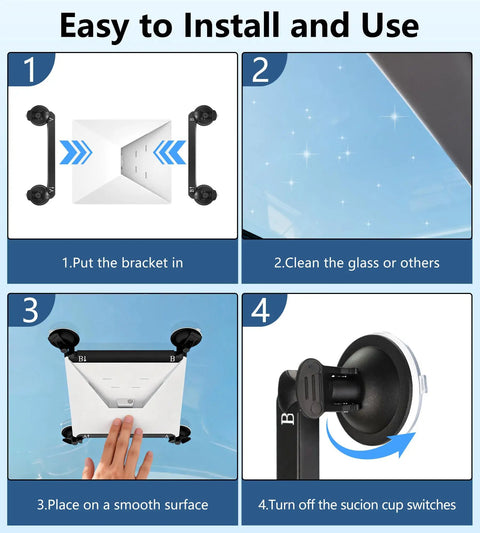 Instructions showing how to install Heavy Duty Starlink Mini Suction Mount For Window Sunroof Rock Solid Carbon Steel Frame Grip.