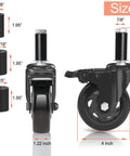 Ready To Roll 4 Inch Expanding Stem Caster Wheels Set Of 4 With Secure Locking Brakes size and measurements displaying dimensions.