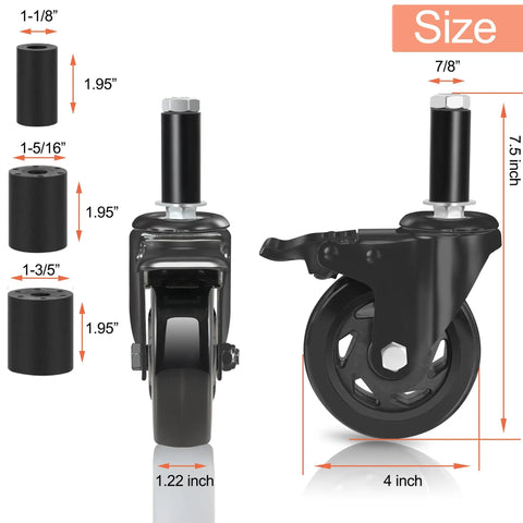 Ready To Roll 4 Inch Expanding Stem Caster Wheels Set Of 4 With Secure Locking Brakes size and measurements displaying dimensions.