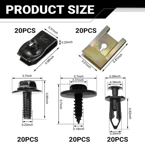 Detailed size chart of 100 Piece Heavy Duty Car Body Screws And Bolts Kit with various fasteners, screws, U-nuts, and clamps.