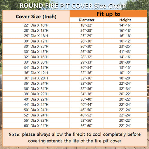 Size chart for Beefed Up Round Fire Pit Cover For 30 To 36 Inch Pits, Waterproof 600D Oxford Fabric With PVC Coating, Weatherproof