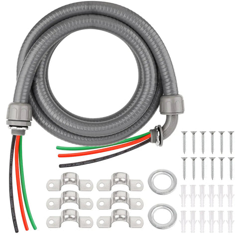 10Ft Liquid Tight Conduit Kit With One Half Inch Pre-Wired Electrical Whip Three 10AWG THHN Copper Wires With Bare Ends For Easy DIY Wiring Includes 90 Degree And Straight Connectors For Outdoor HVAC Wiring No Terminals Installed