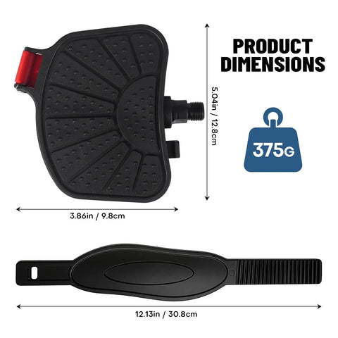 Dual Size Bike Pedals With Straps For Indoor Cycles Compatible With Peloton Schwinn Bowflex And Most Bikes, shown with dimensions.