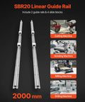 Two 78.74 Inch SBR20 Linear Rails With Four Bearing Slide Blocks, Fully Supported Shaft, shown with machine use illustrations