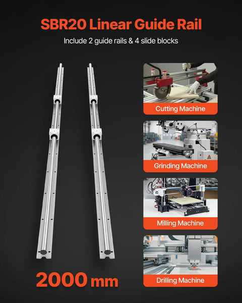 Two 78.74 Inch SBR20 Linear Rails With Four Bearing Slide Blocks, Fully Supported Shaft, shown with machine use illustrations