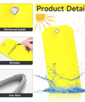 100 Pack Rugged Writable Plastic Tags With Secure Wire Ties, Heavy Duty Waterproof Labels For Outdoor Tools Garage Moving Pipes, Bright Yellow Surface No Sweat Marker Writing System, showing eyelet and writable surface.