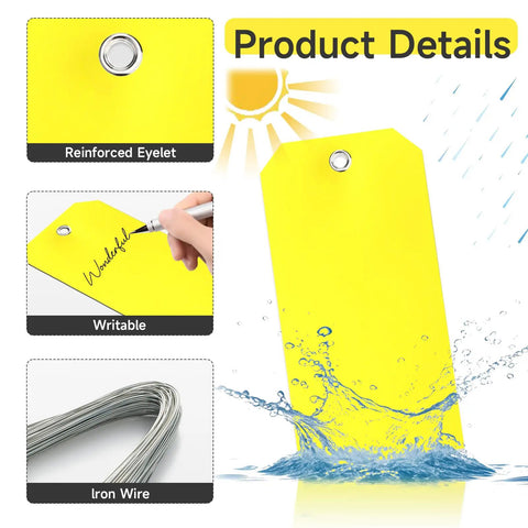 100 Pack Rugged Writable Plastic Tags With Secure Wire Ties, Heavy Duty Waterproof Labels For Outdoor Tools Garage Moving Pipes, Bright Yellow Surface No Sweat Marker Writing System, showing eyelet and writable surface.