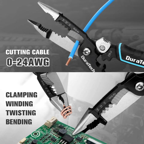 Five In One Wire Stripper And Crimping Tool With Needle Nose Pliers For Electricians 8 Inch Heavy Duty demonstrating cutting wire and clamping.