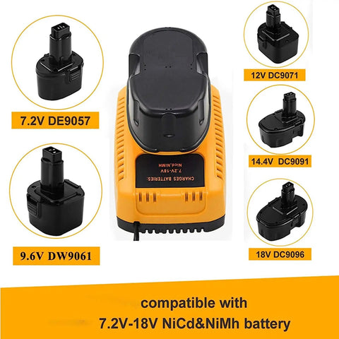 Hot Replacement Charger For Dewalt 7.2V To 18V NiCad And NiMH Batteries DC9310 with compatible battery models shown