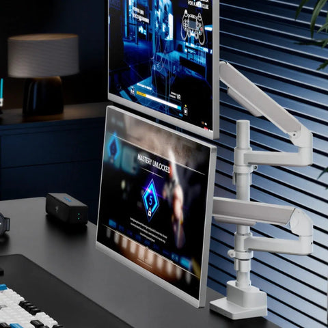 Heavy Duty Monitor Arm Mount With Desk Clamp No Drill Setup Quick Release Design Smooth Height Adjustments Solid Steel Build on a desk
