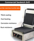 Heavy Duty Commercial Electric Sandwich Press Grill With NonStick Double Sided Plates Stainless Steel Bread Maker Toaster at an angle displaying grill features.