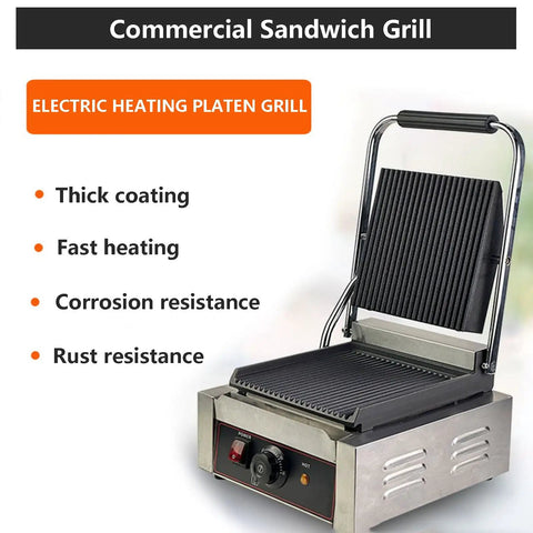 Heavy Duty Commercial Electric Sandwich Press Grill With NonStick Double Sided Plates Stainless Steel Bread Maker Toaster at an angle displaying grill features.