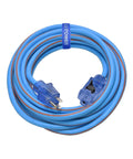 Beefy Heavy Duty 25 Foot 12 Gauge Three Conductor SJEOW TPE Rubber Extension Cord with lighted connector, coiled, blue and orange.