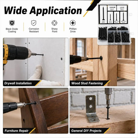 Drywall Screw Set 130 Piece Assortment With Six Sizes Including #6 X 5/8 Inch, wood and drywall installation uses shown