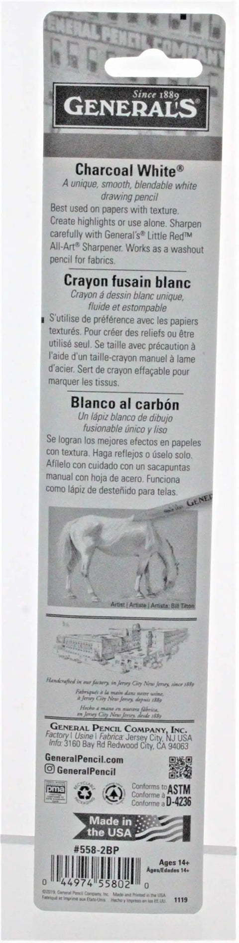 Back of packaging for Charcoal White Transfer Pencils 2 Pack 2B USA Made Original Charcoal White Color Ideal For Tracing Sketching And Shading