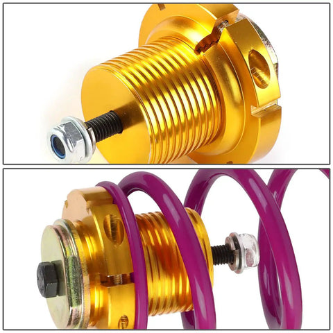Close-up of Purple CNC Aluminum Suspension Coilover Sleeves Kit For 06-11 Honda Civic, showcasing gold locking perches and purple spring.